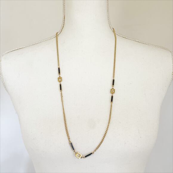 GIVENCHY Vintage Enamel 'G' Station Necklace Black Gold - Picture 9 of 12